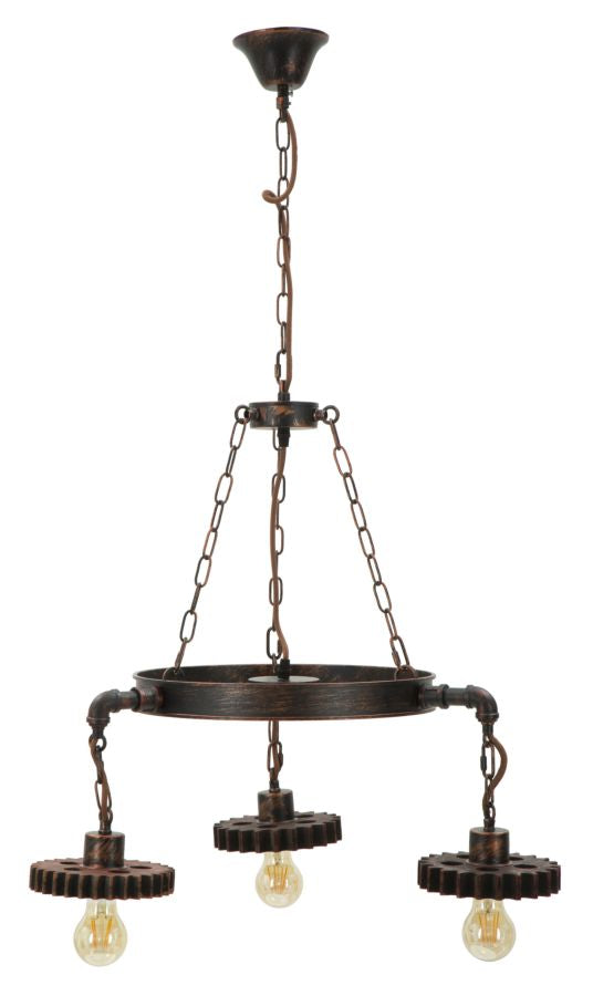 Lampadario Ingranaggio 3 Luci Ø54x104 cm in Ferro e Legno Nero e Rame