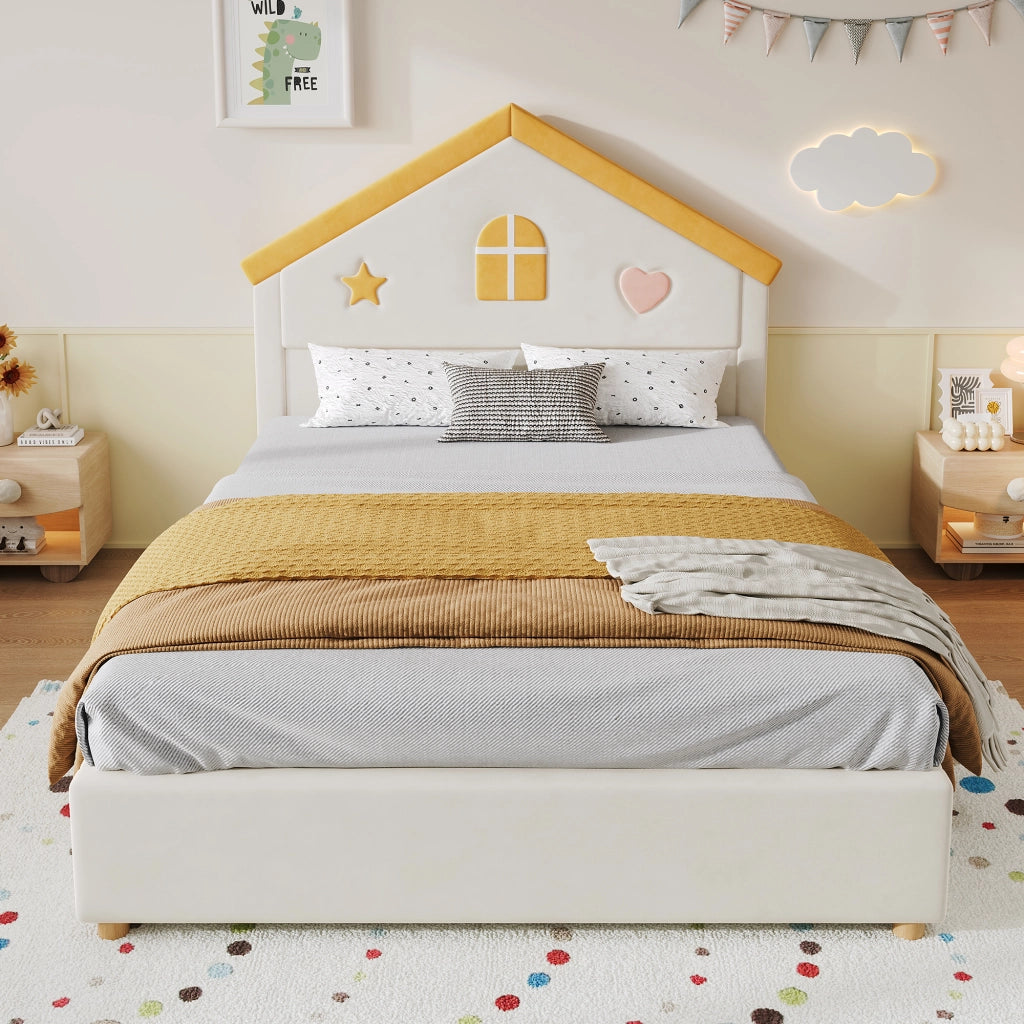 Letto a casetta 140 × 200 cm con 4 cassetti imbottito rivestito in velluto francese beige