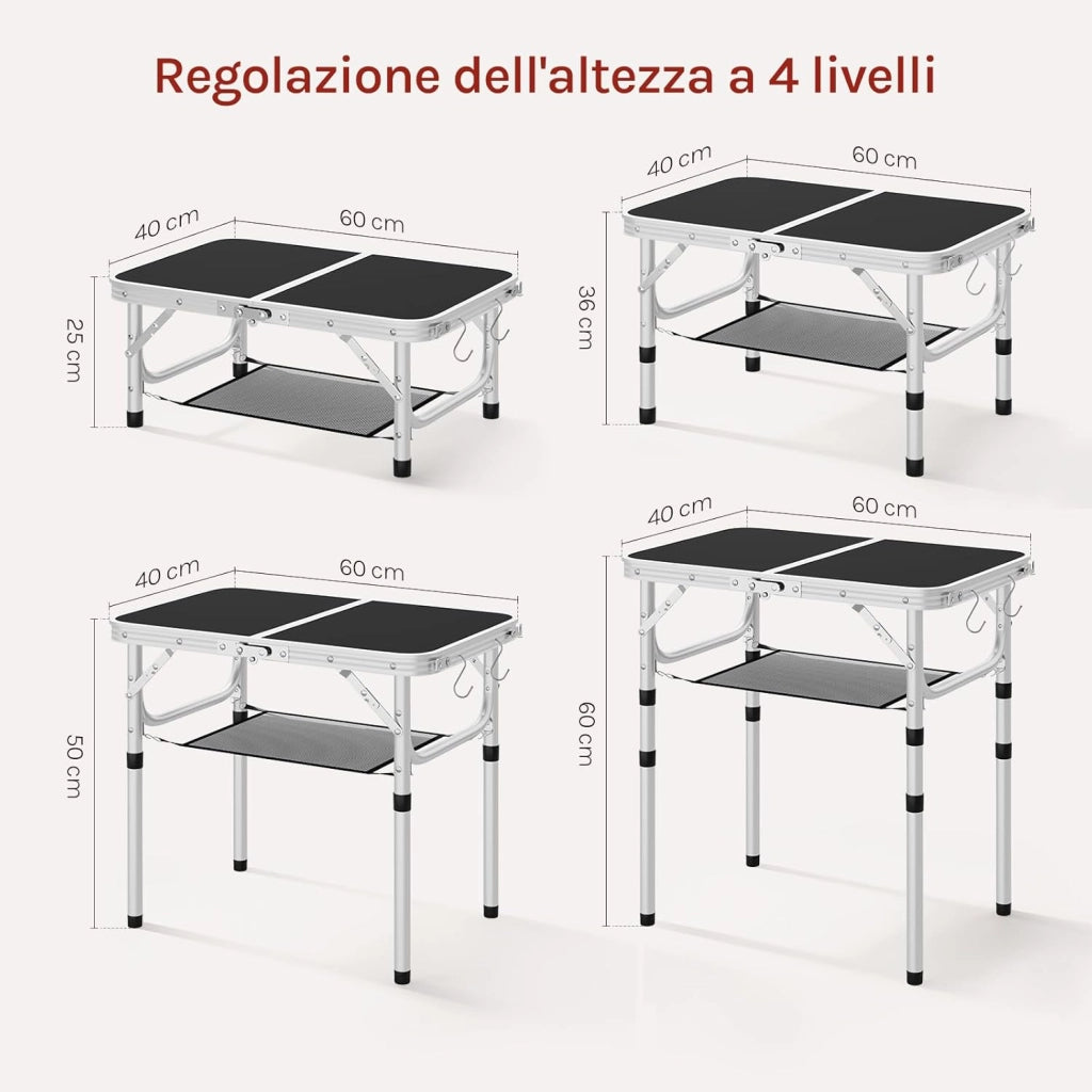 Tavolino Pieghevole Regolabile in Altezza 25/36/50/60 cm, Tavolo da Esterno con Ripiano in Rete Metallica, Piano in MDF 60x40 cm, Telaio in Metallo, per Campeggio, Barbecue, Giardino,Nero