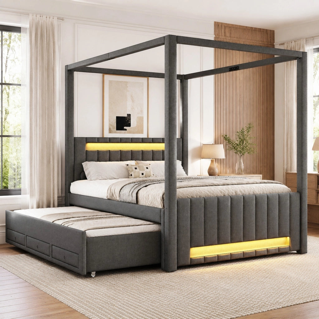 DESMIU Letto combinato 140 × 200 cm 2 posti con letto estraibile, 3 cassetti, LED, senza materasso, grigio