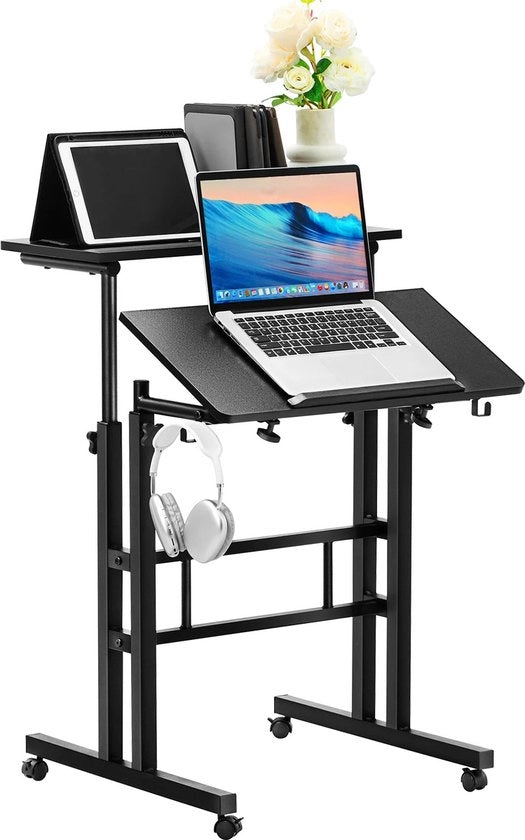 Tavolo da laptop - 3 Fogli - Ufficio - Regolabile in Altezza - Con Base PC - Tavolo Inclinabile - Su Ruote