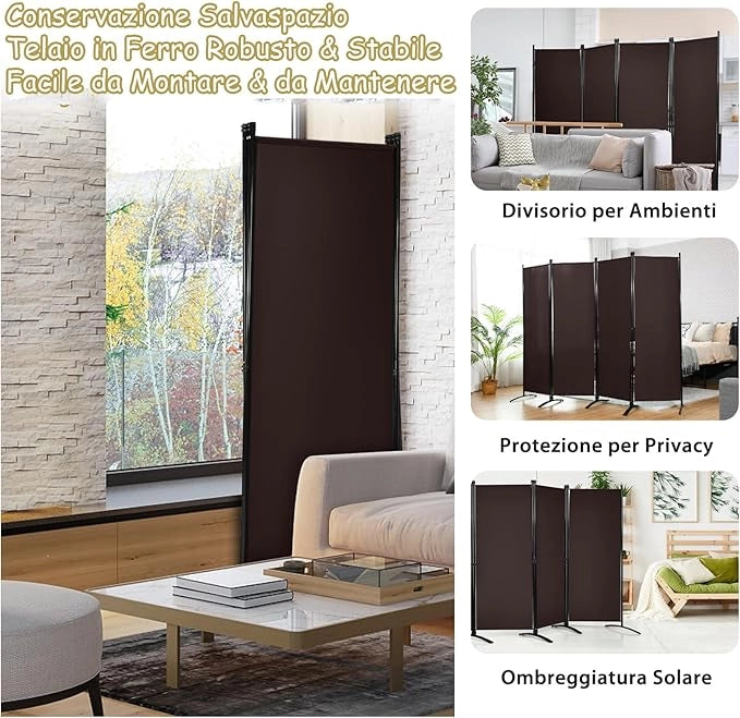 Paravento da Interno in Metallo, Separé Divisorio Interno Pieghevole con Piedini Stabili, Pannelli Divisori per Interni per Casa e Ufficio (Marrone, 220 x 173 cm (4 Pannelli))