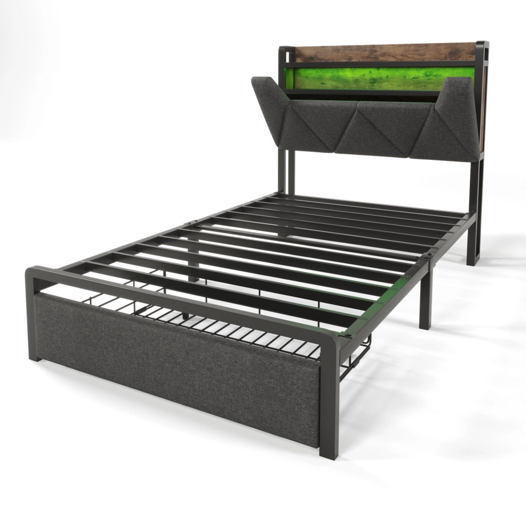 Letto una piazza 90x200 cm con testiera contenitore; LED; USB-C; cassetti; grigio