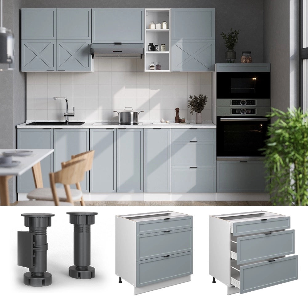 Mobiletto base per cucina Fame-Line Blu-grigio chiaro/Bianco 80 cm con 3 cassetti, PL Marmo Vicco