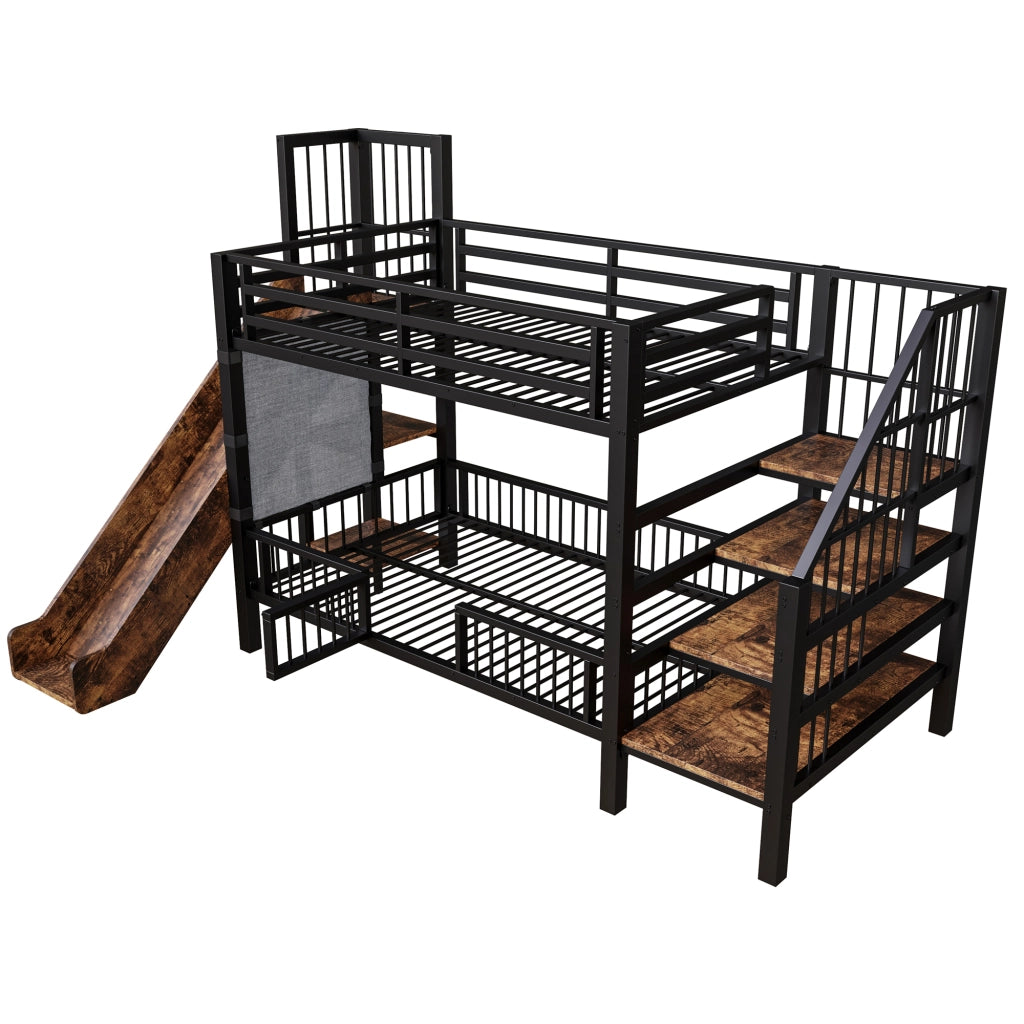 OKWISH Letto a soppalco 90×200 cm, Letto Singolo con Scala Contenitore, Scivolo, Mensole e Spondine, senza Materasso, in Metallo, Nero