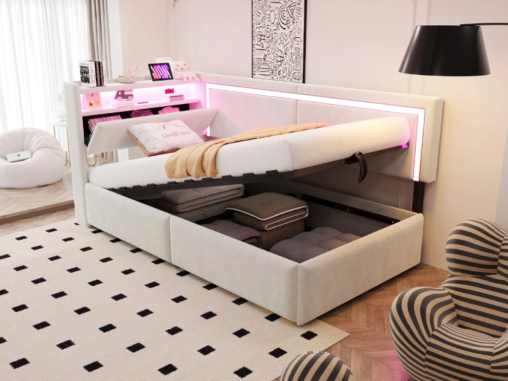 DESMIU Letto contenitore 90 × 200 cm 1 posto con LED, USB, ripiani, senza materasso, in velluto, beige