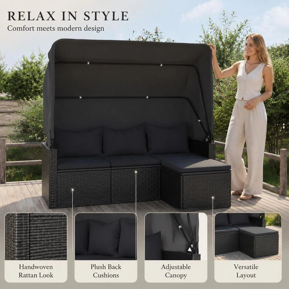 3-seater Garden Sofa With Canopy And Footstool, Black Poly Rattan