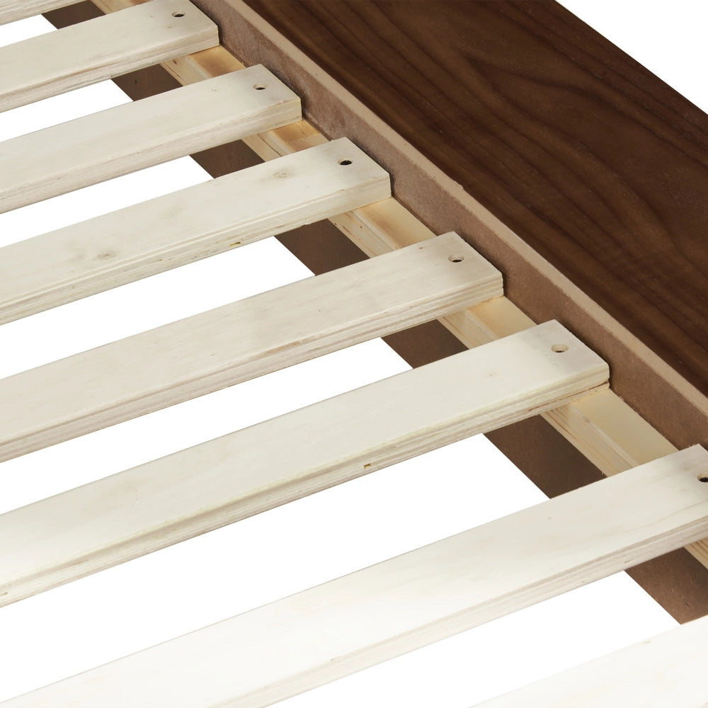 Letto LED in stile giapponese in frassino marrone 160 x 200 cm testata impiallacciata in legno bouclé a basso profilo camera da letto