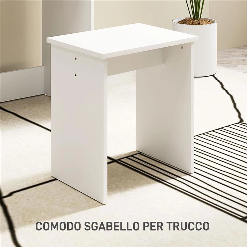 TAVOLO DA TRUCCO A 3 RIPIANI E CASSETTI CON SPECCHIO E SGABELLO, IN TRUCIOLATO, 75X40X137 CM, BIANCO