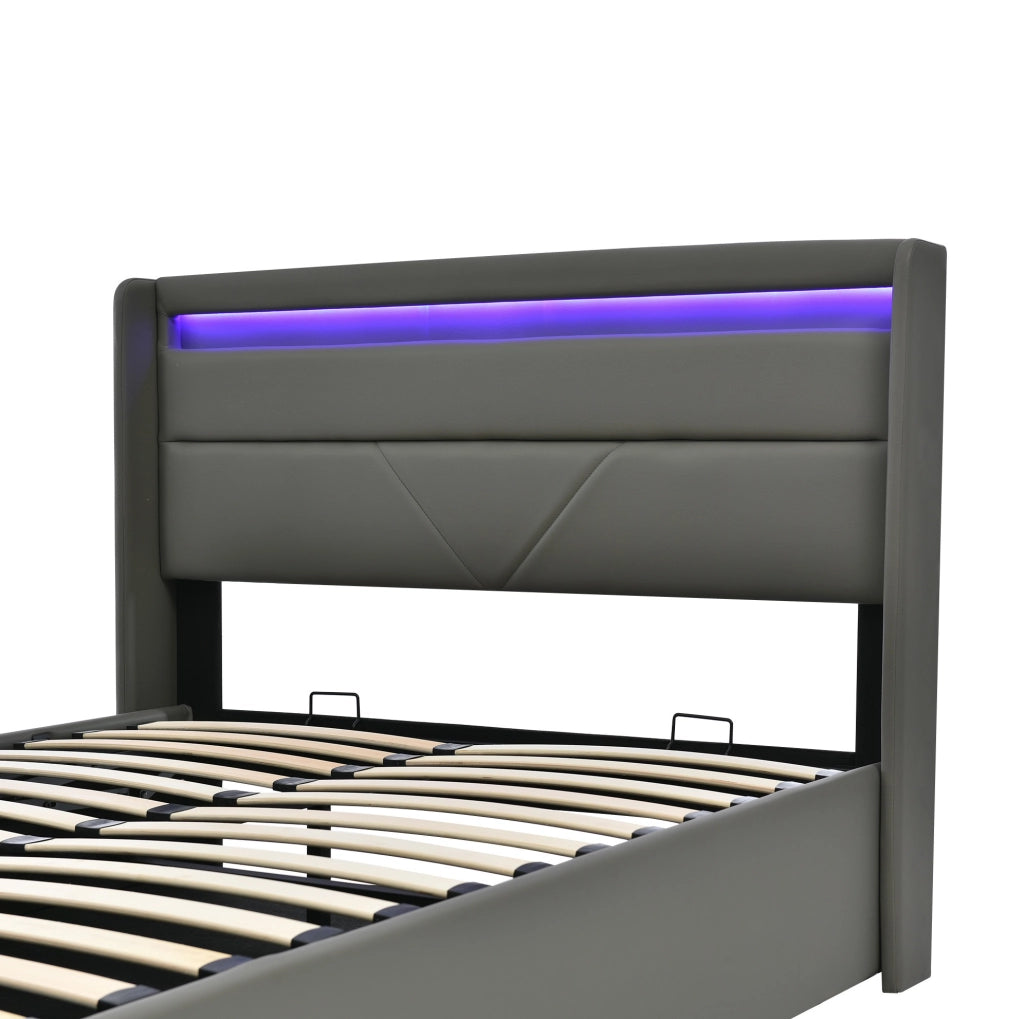 Letto contenitore imbottito ULEVR 160x200 cm con LED RGB e telecomando, sollevamento idraulico, PU grigio