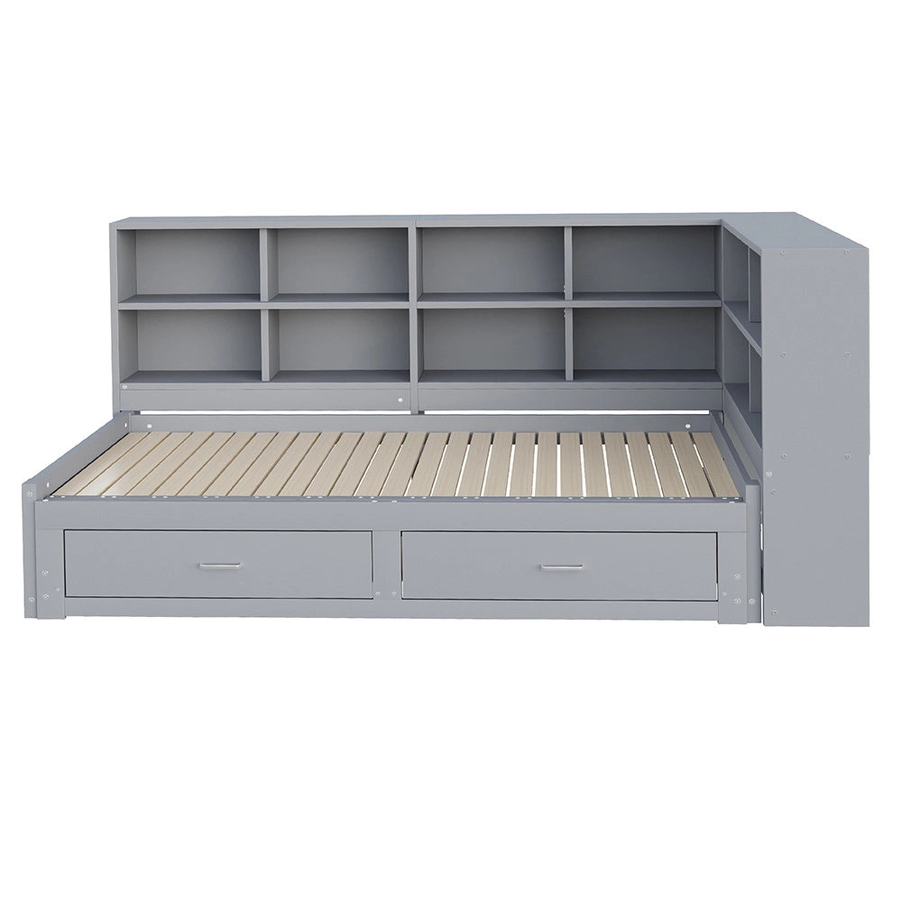 Divano in legno 90/180x190cm - Xylo - grigio, cassetti, doghe, presa EU