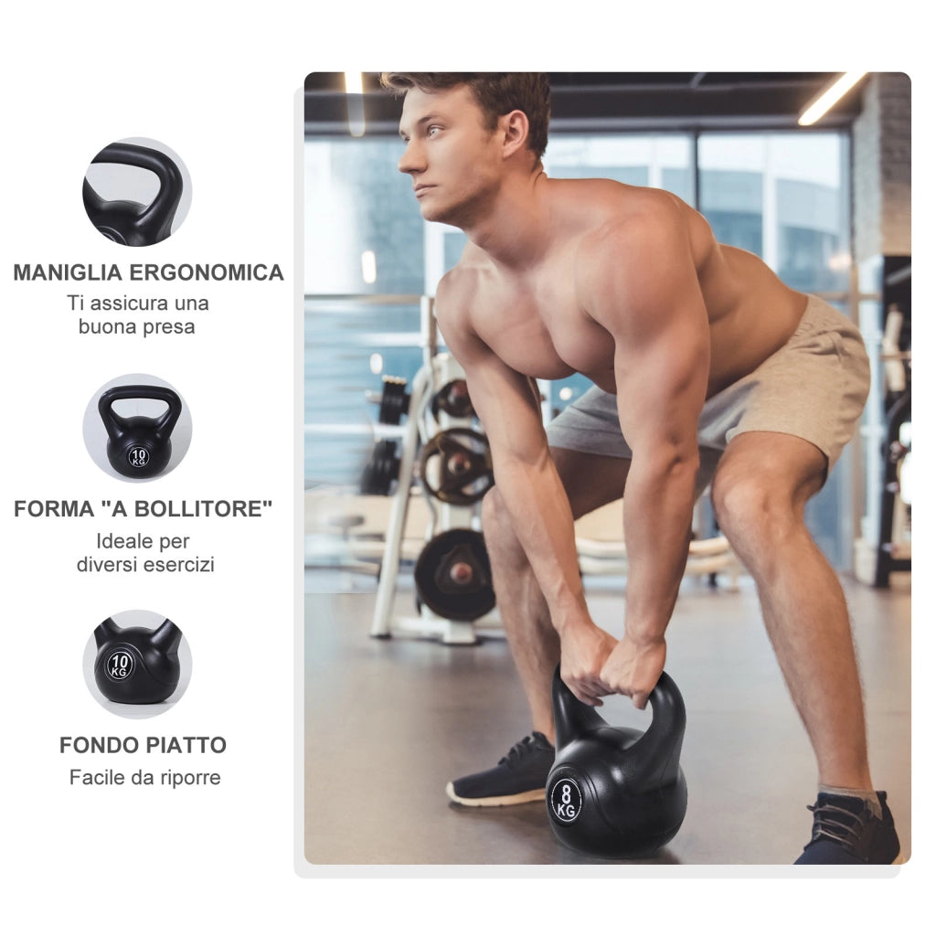 Easycomfort Kettlebell 8kg per Sport e Fitness con Base Piatta e Impugnatura, Kettlebell Pesi in Plastica e Sabbia, 22x17x24 cm, Nero