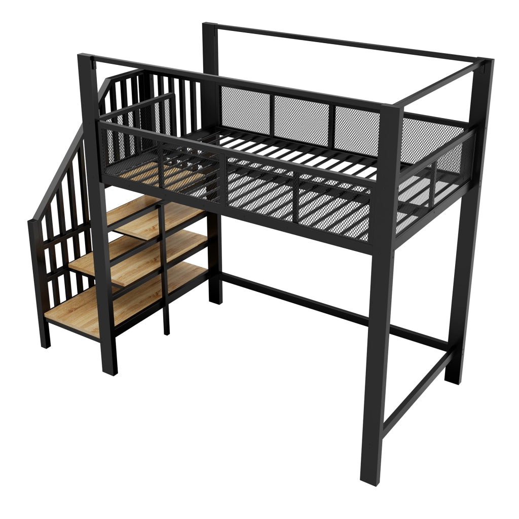 Letto a Soppalco in Metallo 90x200 cm Nero con Scale Contenitore e Baldacchino