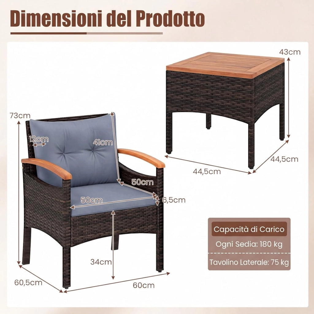 Set Salotto da Giardino per 2 Persone, Poltrone da Giardino in Rattan e Legno con Tavolino Laterale, Salottino da 3 Pezzi con Cuscini per Cortile, Veranda e Balcone (Grigio)