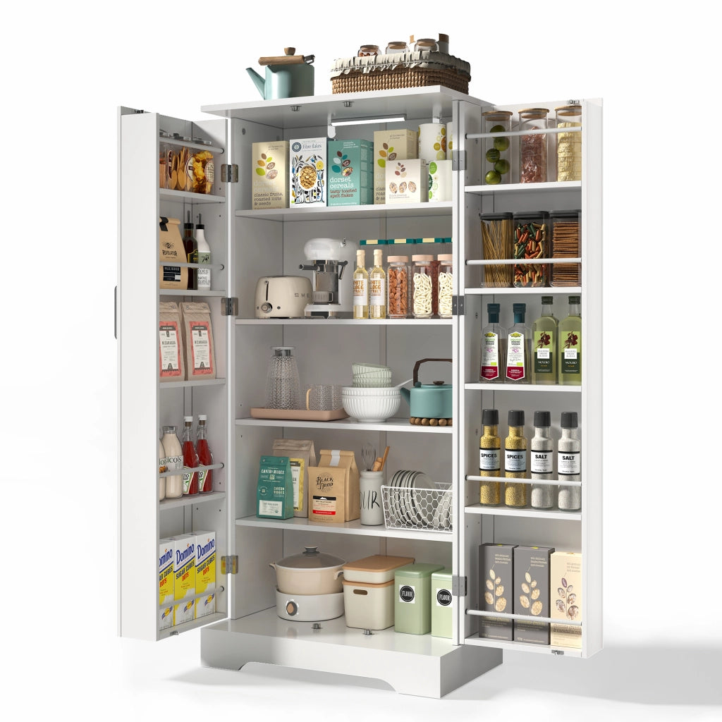 Mobile Dispensa 60x35x128 cm Bianco con LED Sensore; 2 Ante; Ripiani Regolabili e Sistema Antiribaltamento