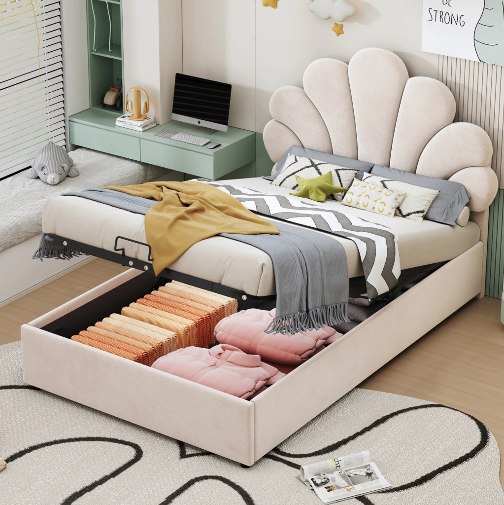 Letto imbottito 90 x 200 cm in velluto con contenitore idraulico; beige