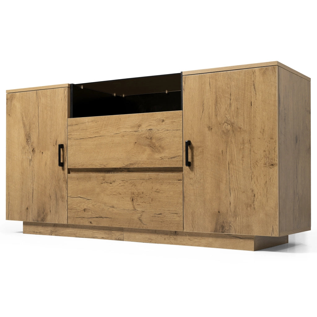Chest of drawers in oak look - Zephmum- 2 drawers + 2 cabinets, height-adjustable, black handles