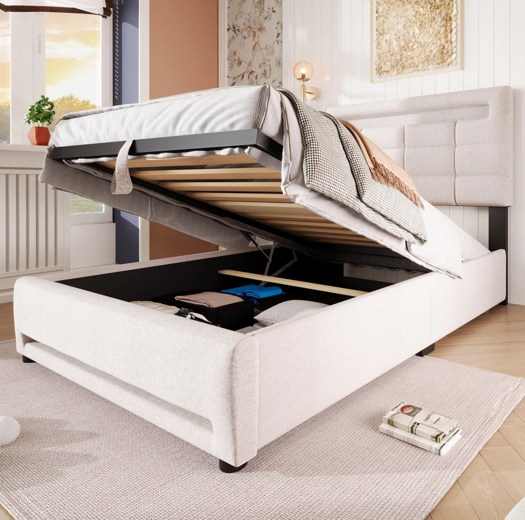 Letto imbottito 90x200 cm con contenitore idraulico e LED APP in lino