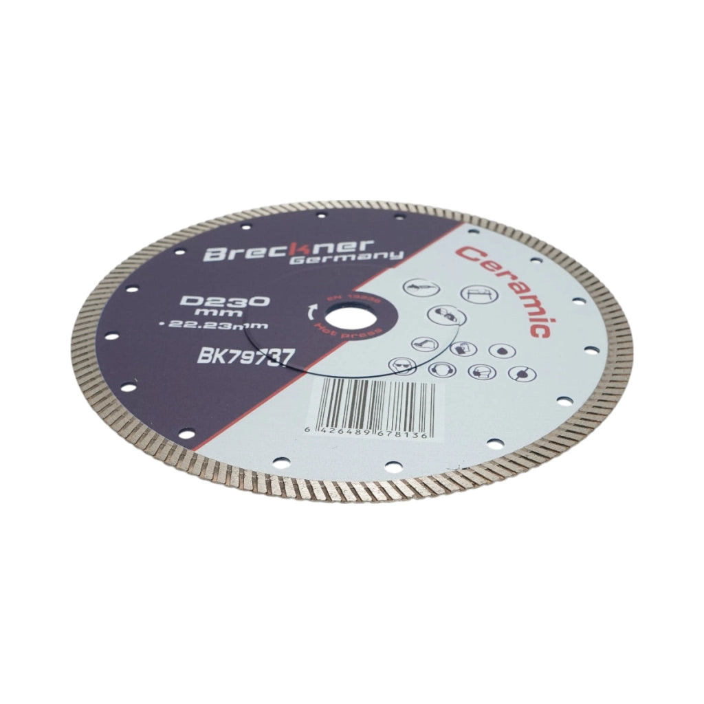 Disco diamantato turbo 230x22,23 mm, segmento 10 mm per piastrelle, maiolica, ceramica dura, marmo, granito Breckner Germany