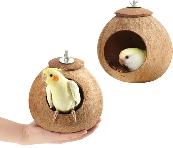 Casa per uccelli in conchiglia di cocco naturale – 2 Pack – Nido di riparo e di cova per gabbie per uccelli – Adatto per parrocchetti, amadini, canarini, cincillà, canarini e canarini – Anche come giocattolo per hamster