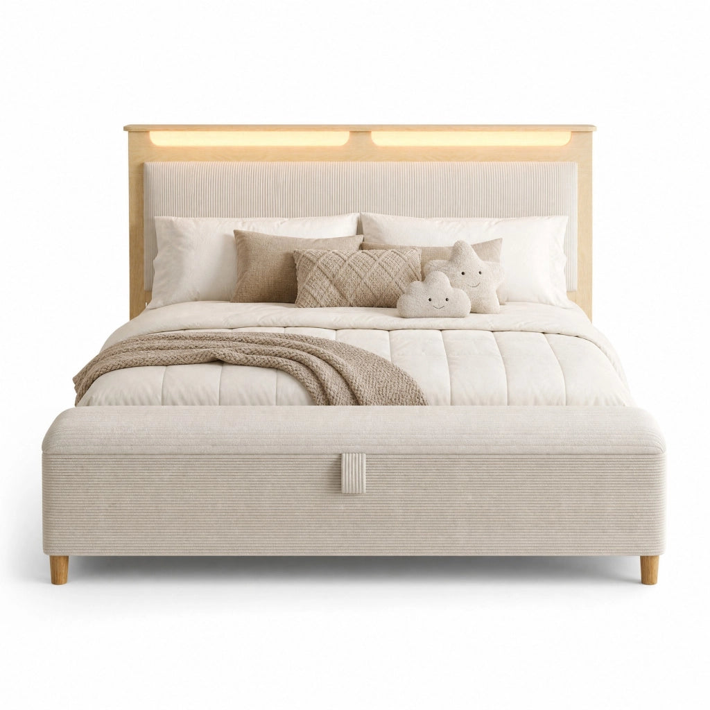 Letto matrimoniale con panca contenitore e testiera LED 140x200 cm; rovere chiaro e beige
