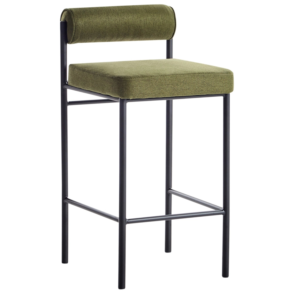 Set di 2 sedie da bar Rivestimento in poliestere verde Gambe in metallo nero Sgabelli senza braccioli Schienale arrotolato Cucina moderna sala da pranzo
