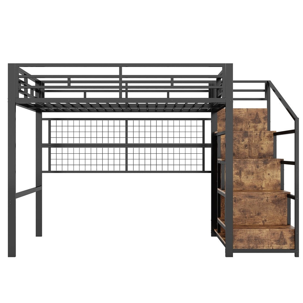 Letto a soppalco con armadio - Zephmum- 140x200cm, struttura in ferro, LED 7 colori, nero