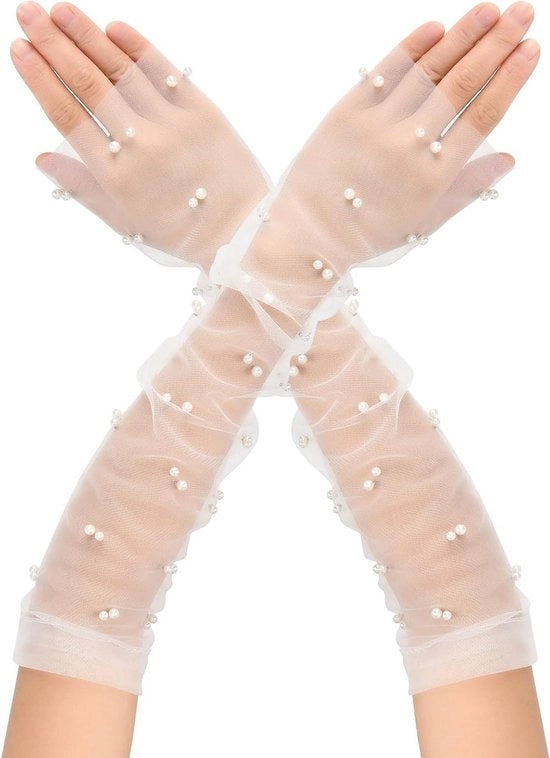 Manopole senza dita di tulle con ruches - bianco perlaceo, altezza gomito, adatte per fioristi di matrimoni