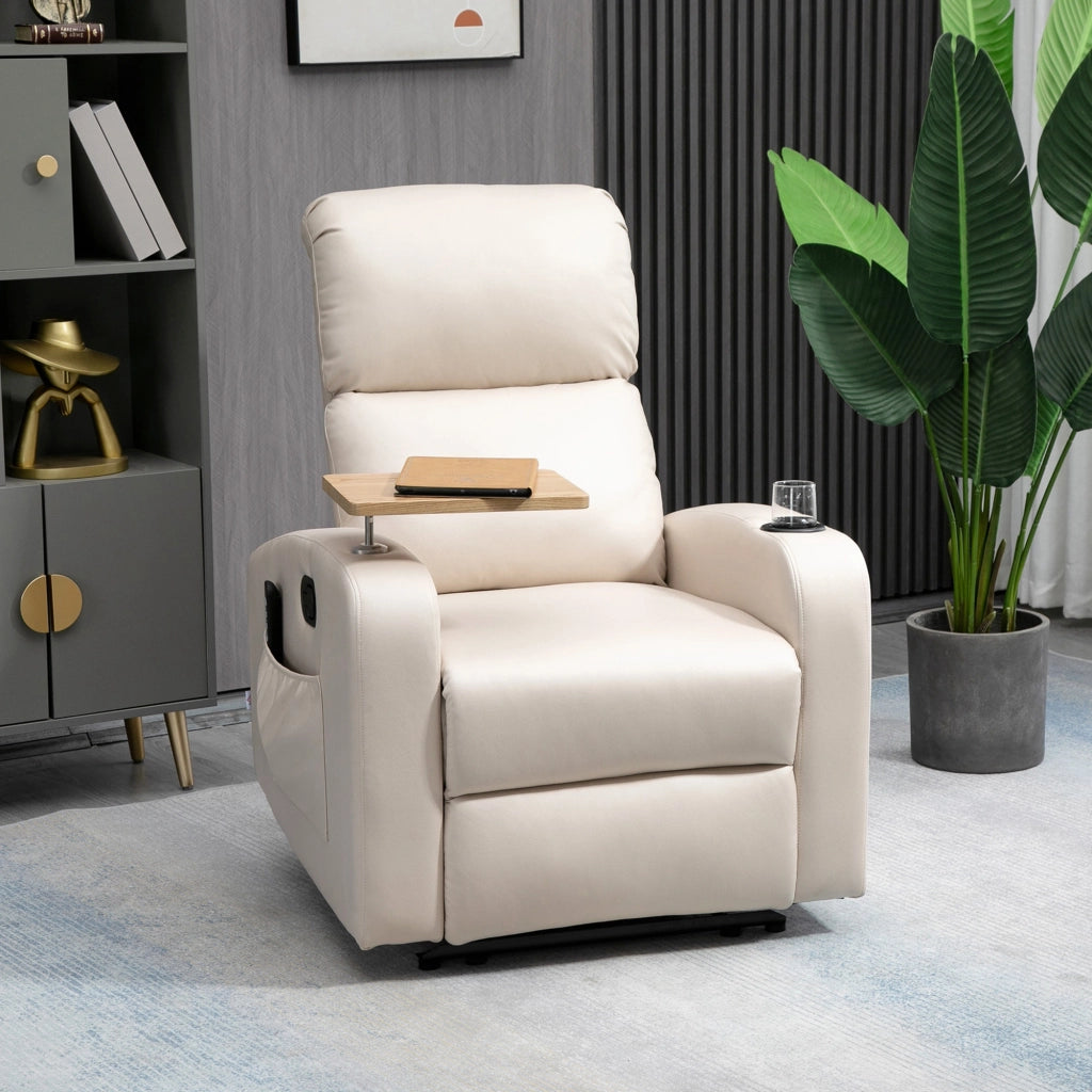 Poltrona relax massaggiante reclinabile ¨C Zephmum ¨C Tessuto microfibra beige con braccioli e vassoio