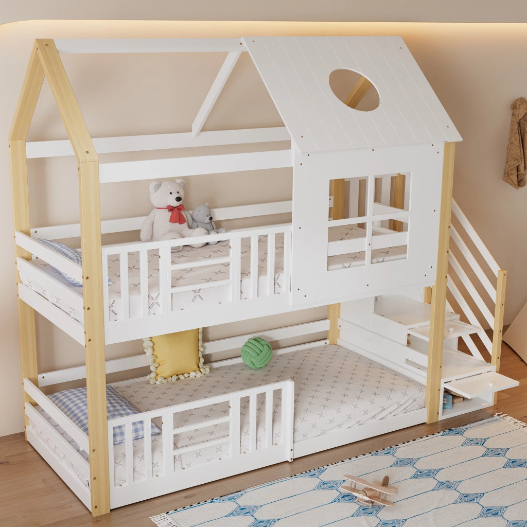 Letto a castello con scala contenitore in legno massiccio e MDF 90x200 cm