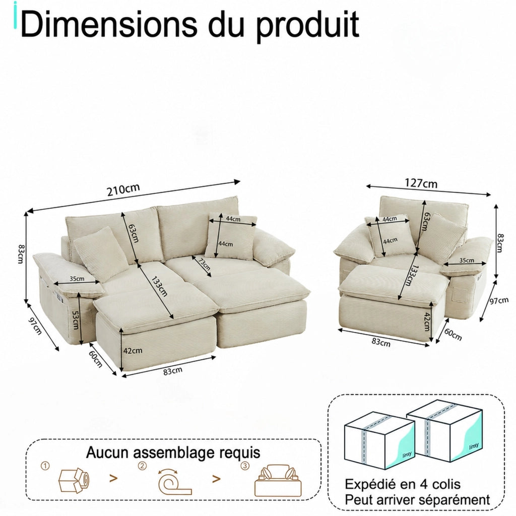 Divano modulare 2 posti da pavimento con poggiapiedi tasche laterali seduta morbida senza montaggio in tessuto beige
