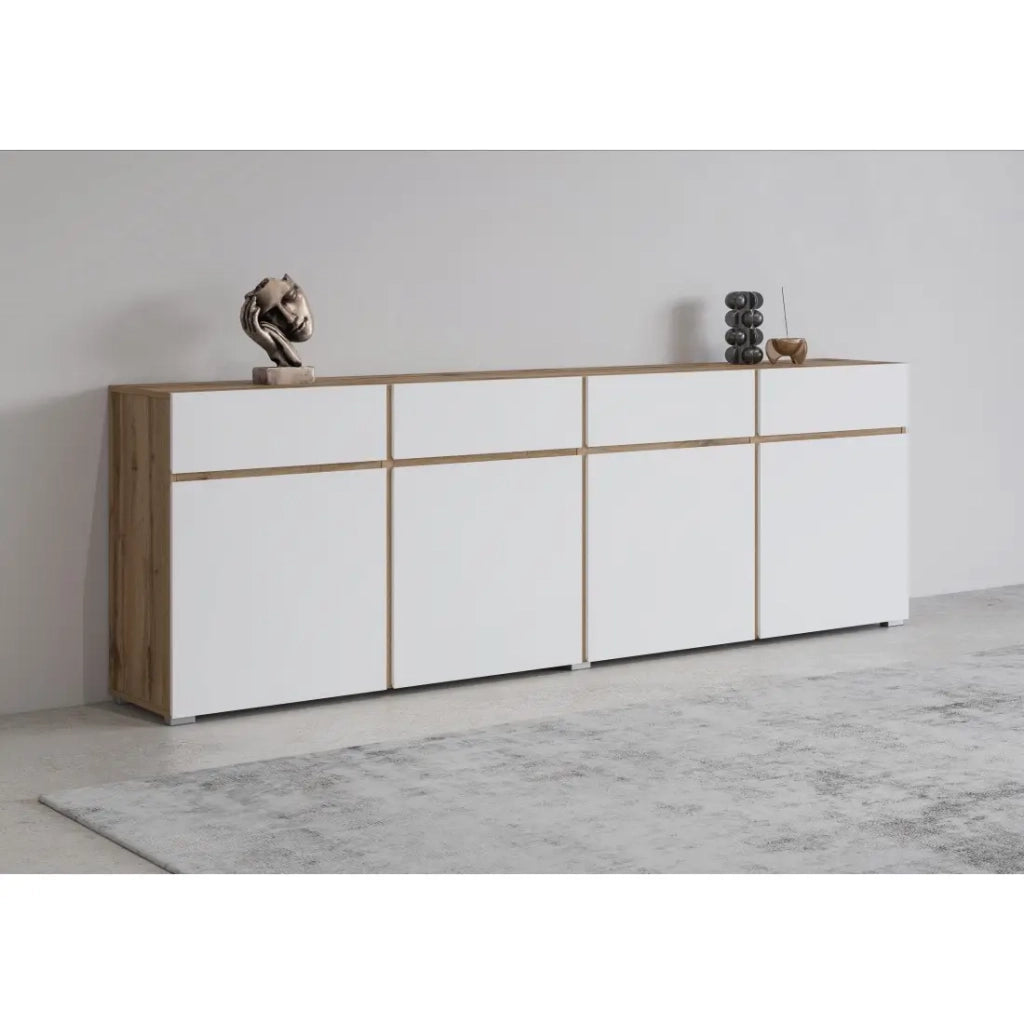Buffet XL HAVANA – 225 cm – 4 porte e 4 cassetti – Rovere e bianco – Design moderno senza maniglie