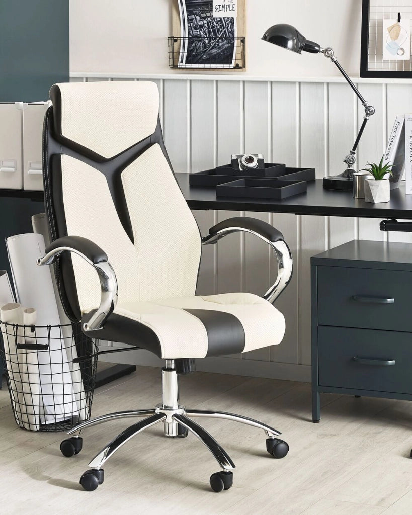 Sedia da ufficio in ecopelle beige e nera con scrivania girevole regolabile per computer