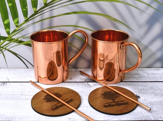 Set di bicchieri per cocktail, 16 oz | Set di bicchieri per cocktail | 100% rame | Bicchieri in rame | Regalo di festa (rame puro, finitura liscia, set di 2 bicchieri (2 sottopanchetti, 2 canne di bambù inclusi))