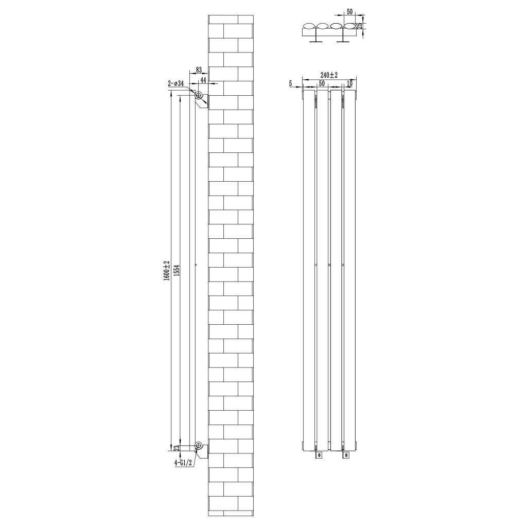 Radiatore Verticale Design Ovale Colonna Singola Antracite 1600x240 mm
