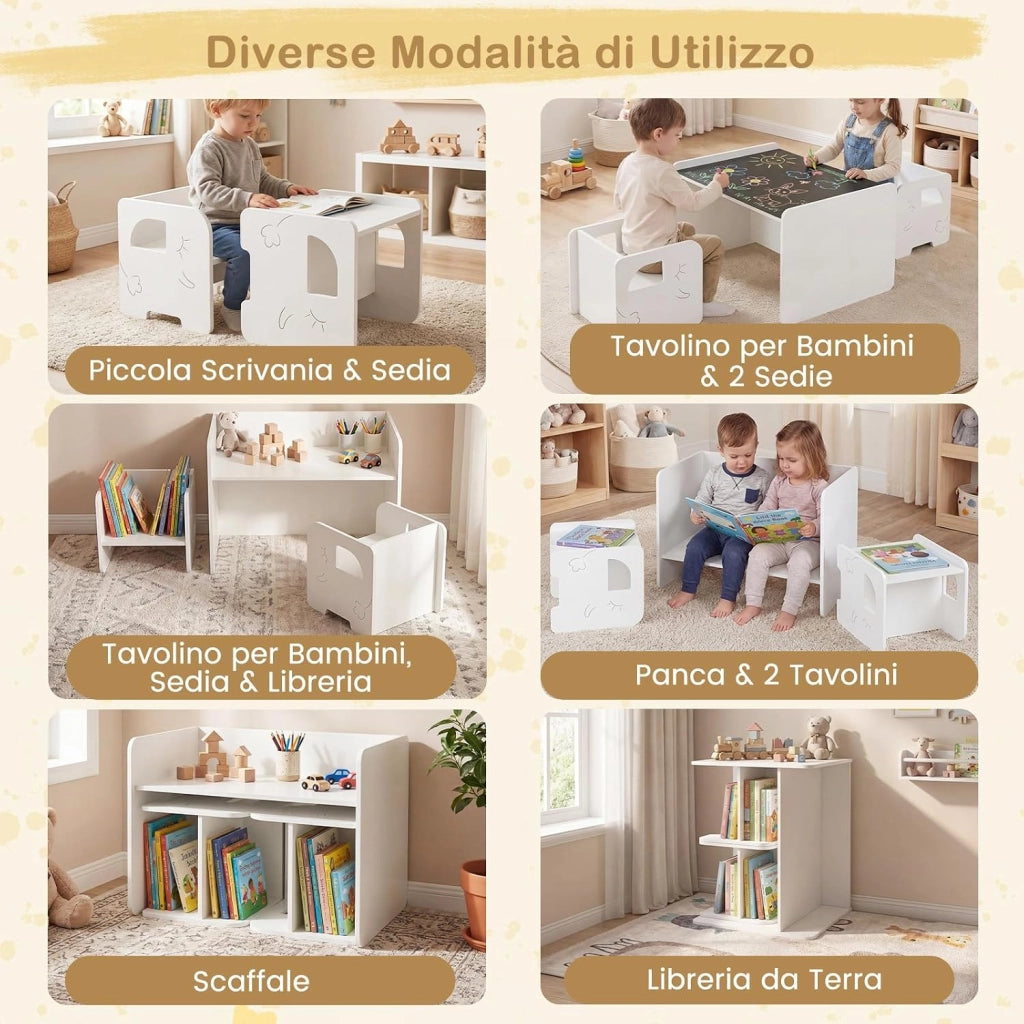 Set Tavolo e 2 Sedie per Bambini, Tavolo e Sedie Salvaspazio per Bambini 3+ Anni con Lavagna per Disegnare e Piedini Antiscivolo, per Camerette, Soggiorno e Studio (Bianco)