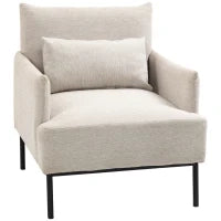 Poltrona Moderna d'Arredo con Cuscino Extra, in Tessuto Effetto Lino e Acciaio, 73x81x82 cm, Bianco Crema