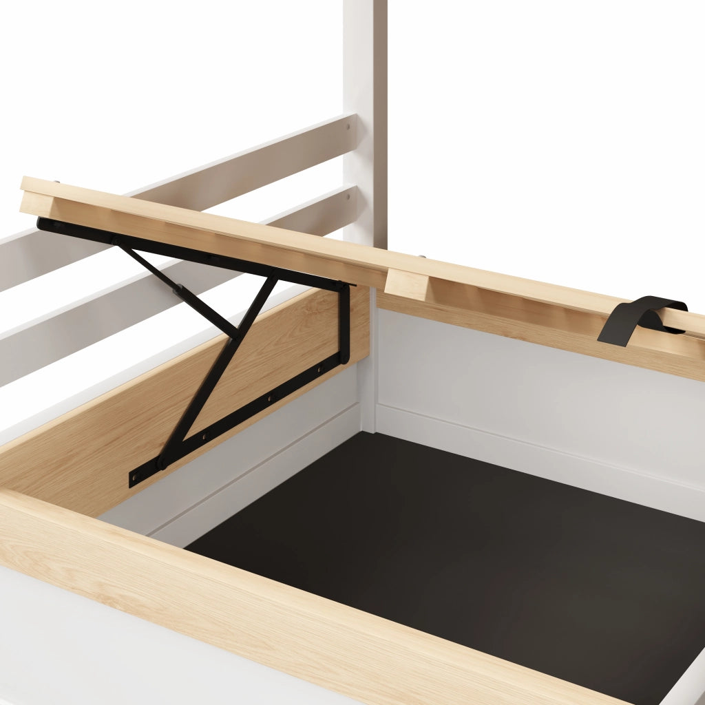 Letto a castello 90x200 cm in pino e MDF con vano contenitore idraulico, stile casa, bianco e naturale