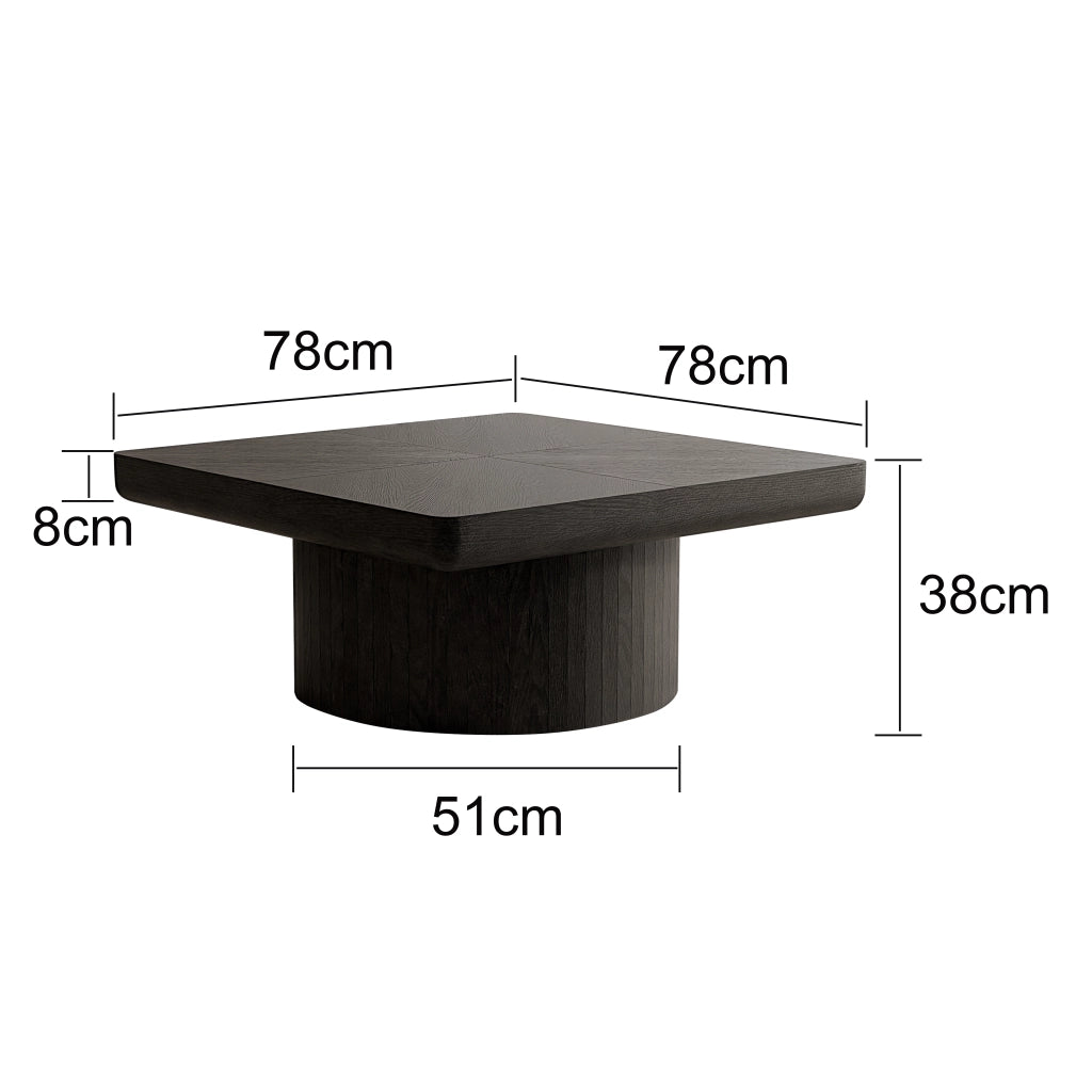 Tavolino basso quadrato con piano effetto parquet e base cilindrica piano spesso nero 86.12 × 85.54 × 18.04 cm