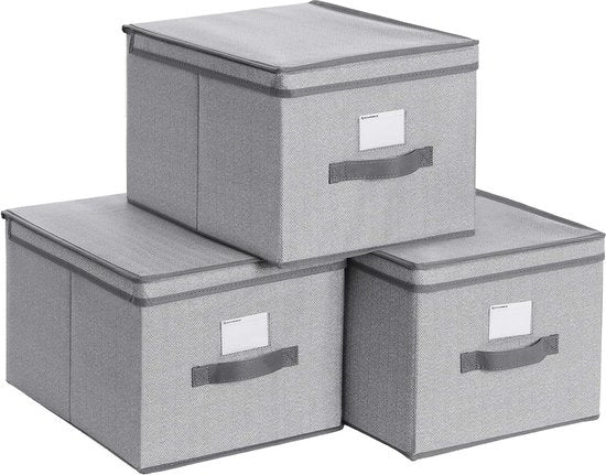 Set di contenitori, 3 pezzi, contenitore pieghevole, contenitore di tessuto con coperchio e supporto per etichette, 40 x 30 x 25 cm, pieghevole, in tessuto a imitazione di lino