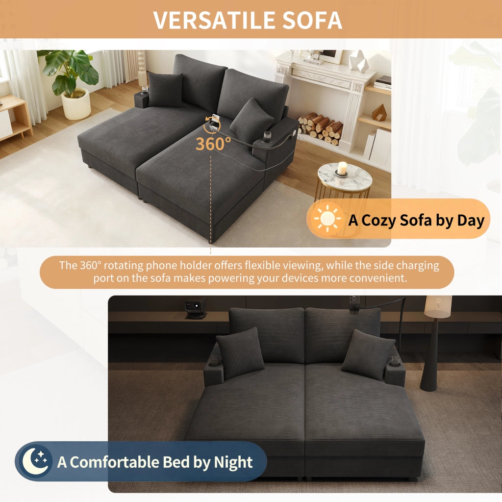 DIVANO 2 posti 163x140x82 cm Grigio in corduroy con 2 cuscini