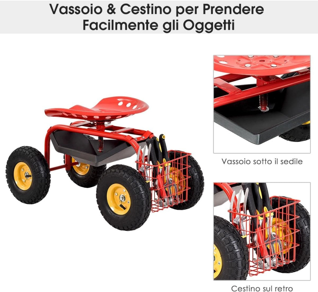Sgabello da Giardino, Sgabello per Giardinaggio con Ruote, Sedile Regolabile in Altezza e Girevole a 360°, Cestello e Vassoio, Carrello per Prato e Giardino, Portata 150 kg(Rosso)