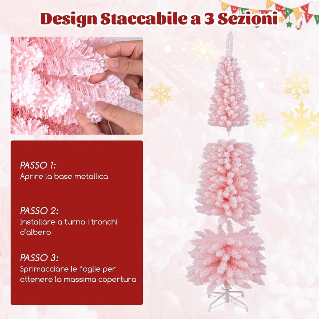 Albero di Natale Slim Rosa 150/180 cm, Albero di Natale Innevato con 328/460 Rami e Supporto Metallico Pieghevole, Albero per Decorazione per Feste in Casa e Ufficio (180 CM)
