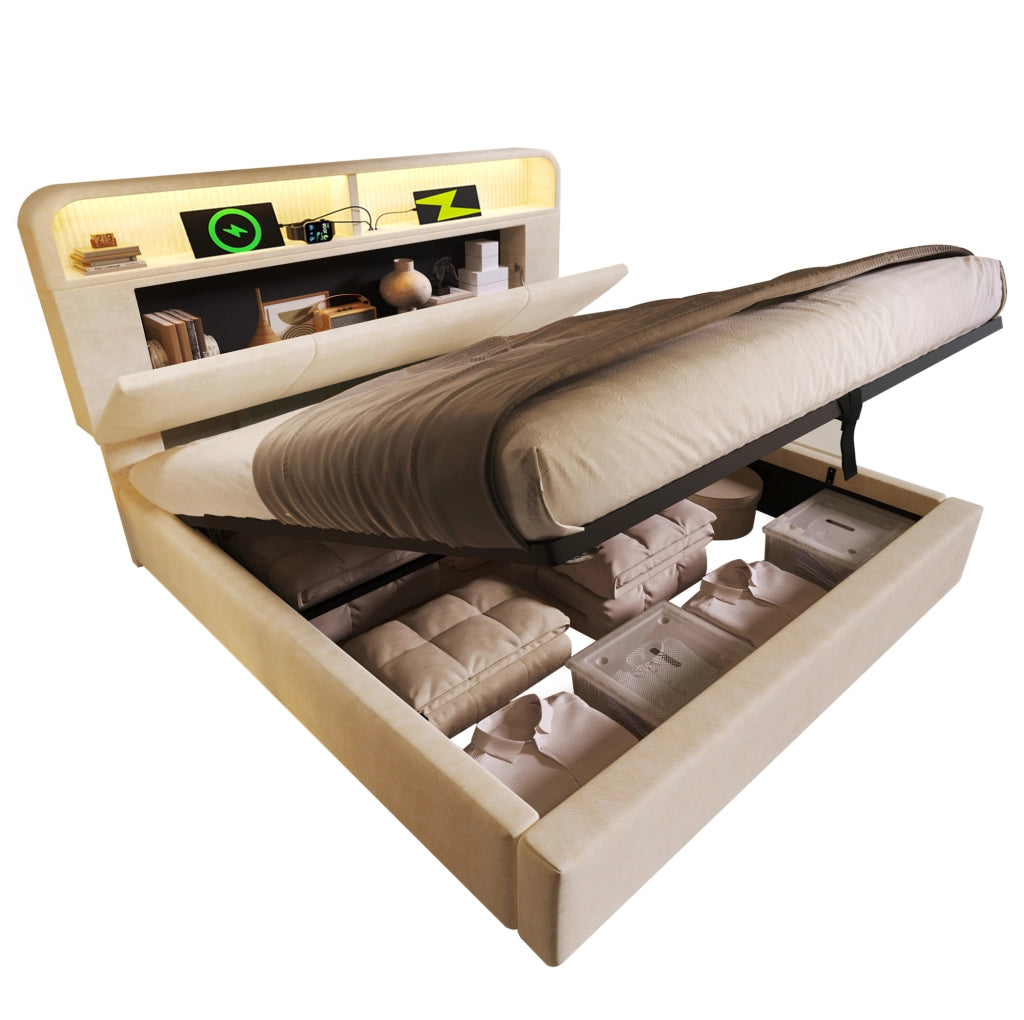 Letto matrimoniale 160x200 cm con contenitore idraulico; LED; USB/Type-C; velluto beige