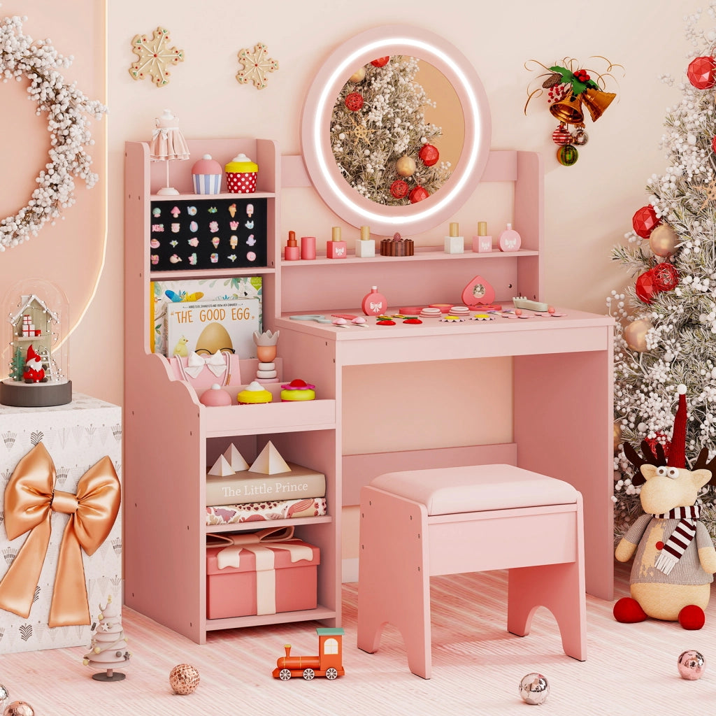 Scrivania bambini specchio luci tavolo trucco principessa scaffale aperta, Tavolo anelli spazi sgabello imbottito finzione giochi bambini Rosa