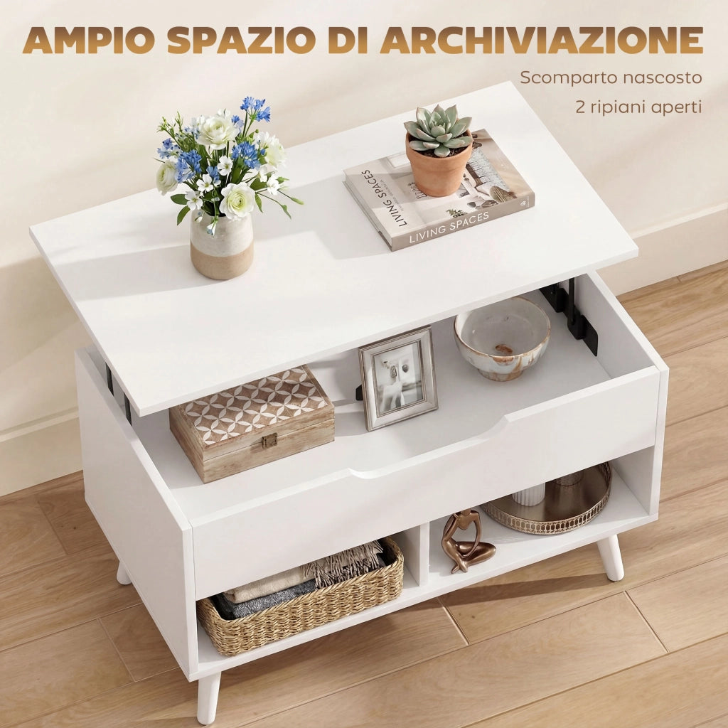Tavolino da Caffè 75x40x58 cm con Piano Sollevabile e Spazio Nascosto Bianco Punzonato