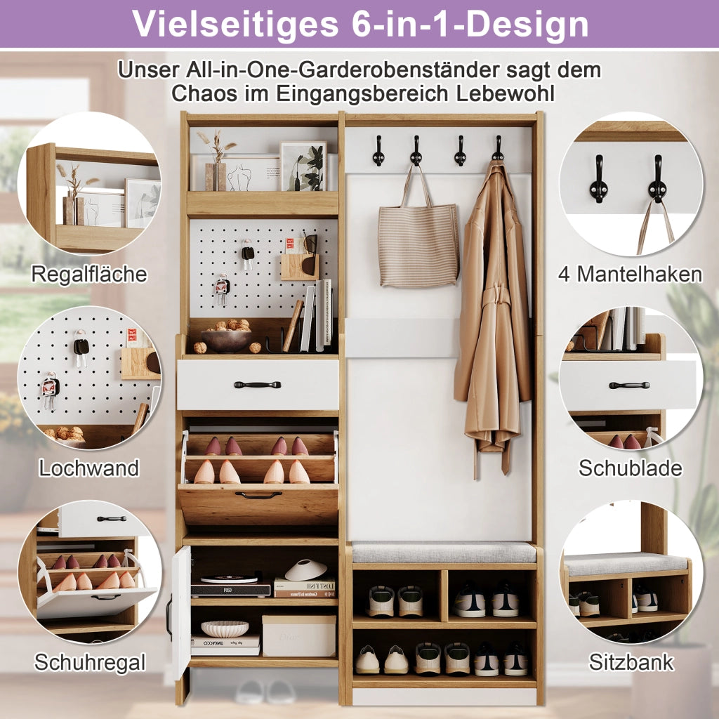 Mobile da ingresso con scarpiera, panca e vani aperti, 1 cassetto, in truciolato bianco e rovere 108.5 × 35 × 180 cm