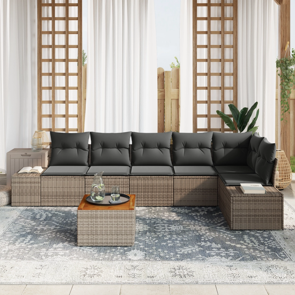 Set di divani da giardino 7 pezzi con cuscini grigi in polyrattan e acacia