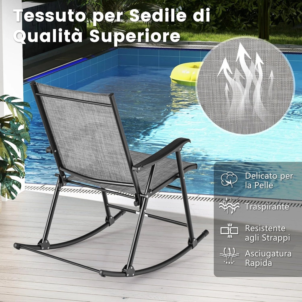 Set di 2 Sedie a Dondolo Pieghevoli, Dondoli da Esterno con Seduta Traspirante e Struttura in Metallo, Dondolo da Esterno Robusto per Giardino, Portico