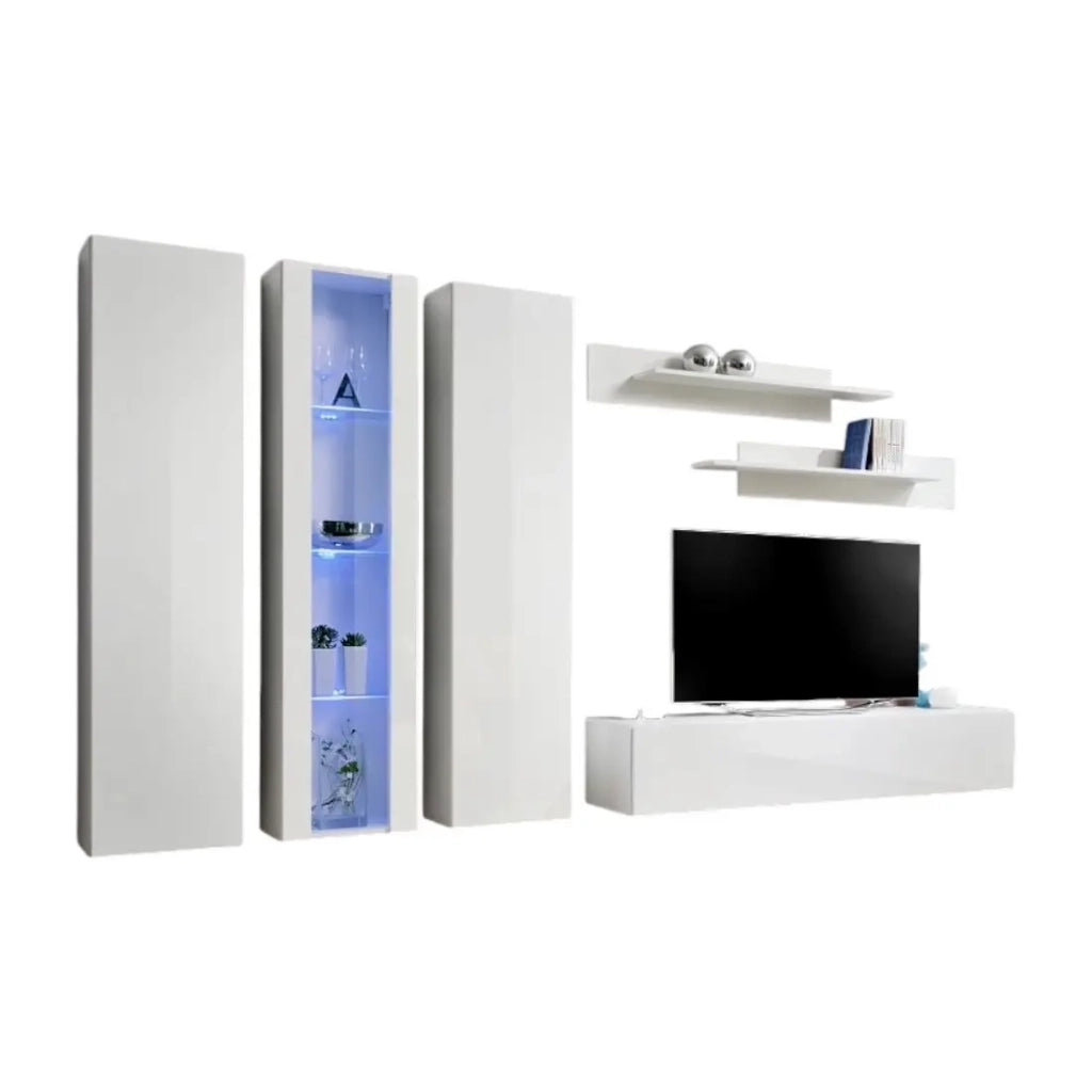 Mobile TV FLY C4 di design, colore bianco lucido. Mobile sospeso moderno e alla moda per il tuo soggiorno.